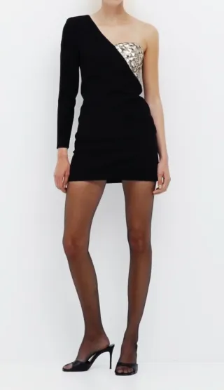 Vestido fiesta Mango negro y plateado