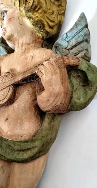 Antica scultura angelo musicista legno