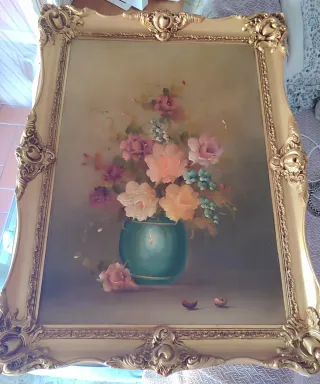 Cuadro floral dorado marco madera