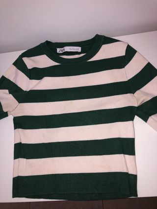 Camiseta Zara Rayas Verde y Blanca Talla S