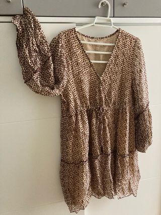 Vestido motivos geométricos beige-marrón, dorado