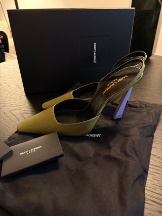 Tacones Saint Laurent verdes y morados seda nuevos