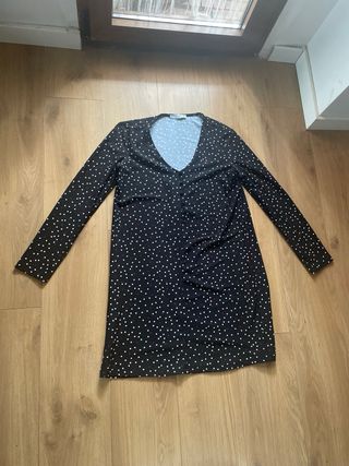 Vestido Negro Lunares Escote V Manga Larga