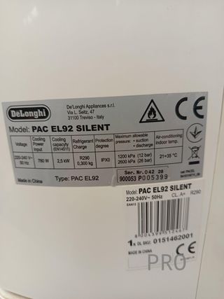 De'Longhi PAC EL92 Silent Pingüino Climatizador Portátil, 9800 BTU