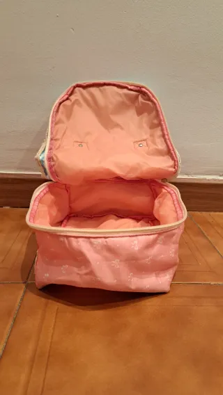 Neceser de tela azul y rosa