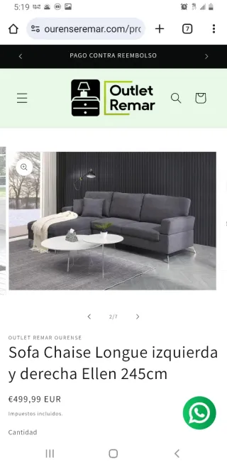 Sofá Chaise Longue Ellen 245cm Gris