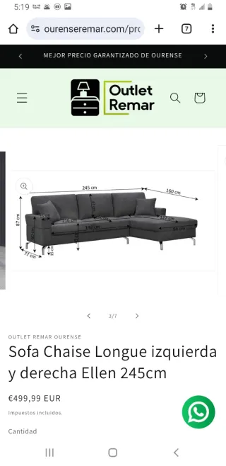 Sofá Chaise Longue Ellen 245cm Gris