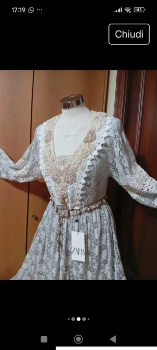 Abito antica sartoria pizzo macramè grigio perla