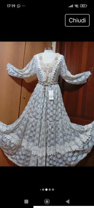 Abito antica sartoria pizzo macramè grigio perla