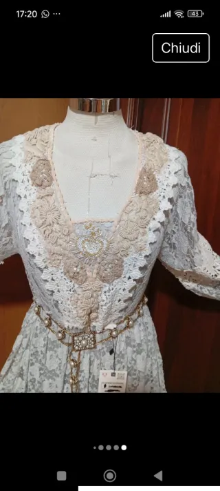 Abito antica sartoria pizzo macramè grigio perla