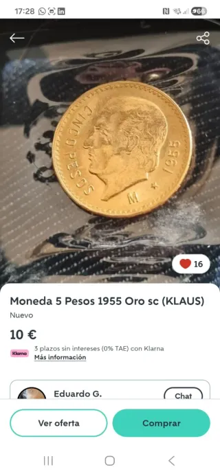 Moneda 5 Pesos 1955 Oro sc KLAUS