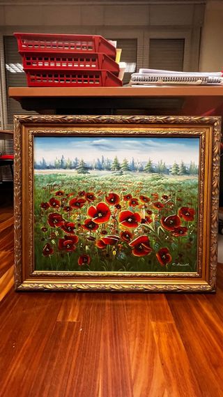 Cuadro Óleo Amapolas Marco Dorado 73x83