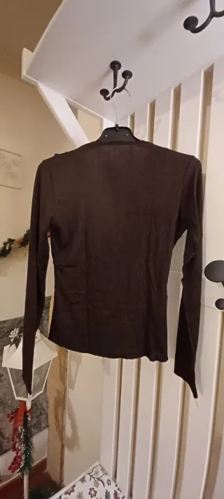 Top maglia marrone pizzo oro lurex