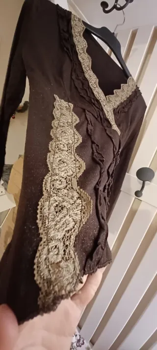 Top maglia marrone pizzo oro lurex