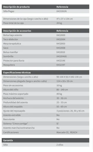Silla de paseo pediátrica ortopedia marca Pegaz