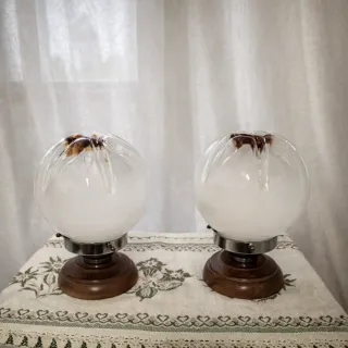 Coppia Lampade Murano Vetro Legno Anni 60