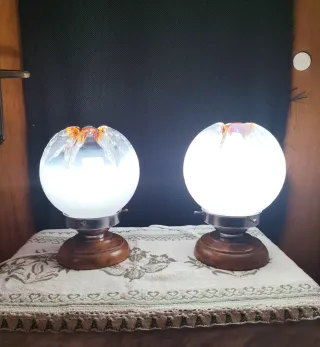 Coppia Lampade Murano Vetro Legno Anni 60