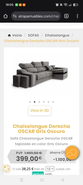 Sofá cheslong gris tela