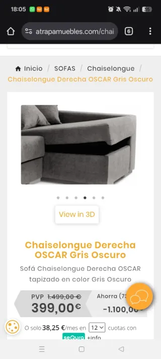 Sofá cheslong gris tela