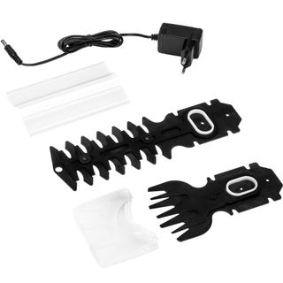 Tijera cortacésped, 2 cuchillas y mango telescópico y batería, verde