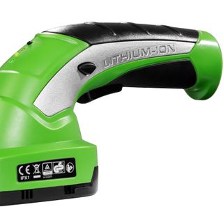 Tijera cortacésped, 2 cuchillas y mango telescópico y batería, verde