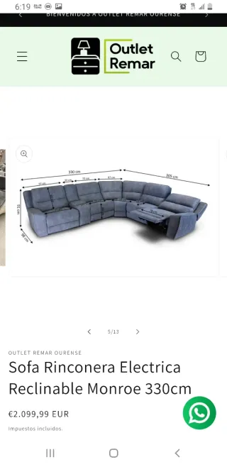 Sofá Rinconera Eléctrica Monroe 330cm