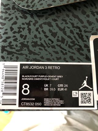 JORDAN 3 RETRO BLACK/COURT PURPLE-CEMENT GREY NOIR