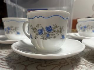 Juego de café vidrio opal blanco floral azul