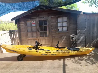 Kayak de pesca amarillo con accesorios