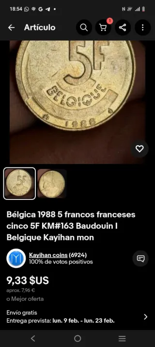 Bélgica 1988 5 Francos Baudouin I