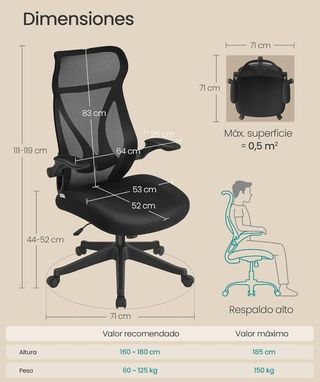 SONGMICS Silla de Oficina, Silla de Escritorio, Respaldo Ergonómico, Altura Ajustable, Reposabrazos Plegables, Silla Giratoria con Reposacabezas, Carga de 150 kg, Negro Tinta OBN088B01