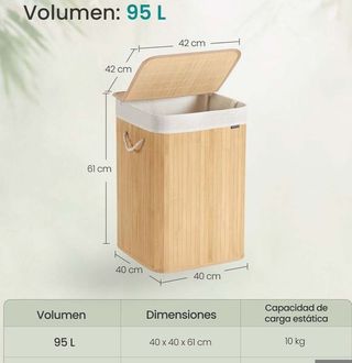 SONGMICS Cesto de ropa sucia de bambú con tapa y bolsa interior 95 L