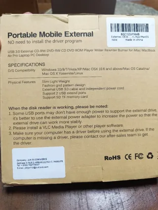 Lector CD DVD Externo Portátil