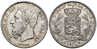 Belgium Leopold II 5 Francs 1870 Silver