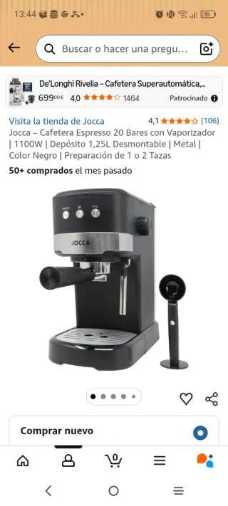 Cafetera Jocca Espresso 20 Bares Vaporizador