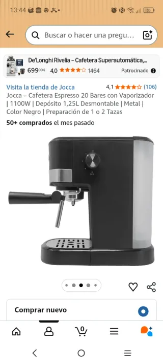 Cafetera Jocca Espresso 20 Bares Vaporizador