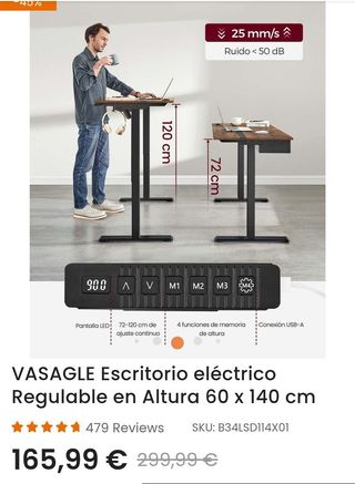 VASAGLE Escritorio eléctrico Regulable en Altura 60 x 140 cm