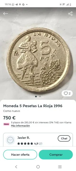 Moneda 5 Pesetas La Rioja 1996