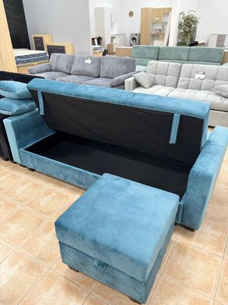Sofá Cama Azul con Puffs Almacenamiento