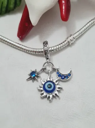 Charm Sole Luna Stella Occhio Blu Argento S925