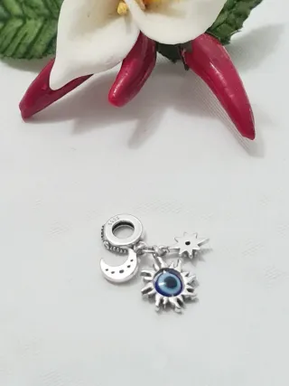 Charm Sole Luna Stella Occhio Blu Argento S925