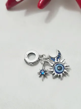 Charm Sole Luna Stella Occhio Blu Argento S925
