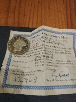 Moneda Chapada en Oro 1870-CC $20