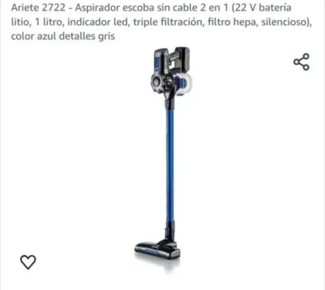 Ariete 2722 - Aspirador escoba sin cable 2 en 1