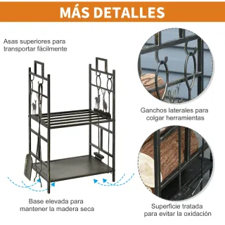 Soporte leña metal con 4 herramientas
