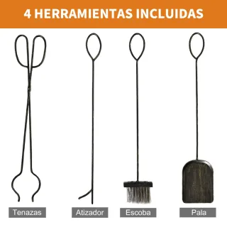 Soporte leña metal con 4 herramientas
