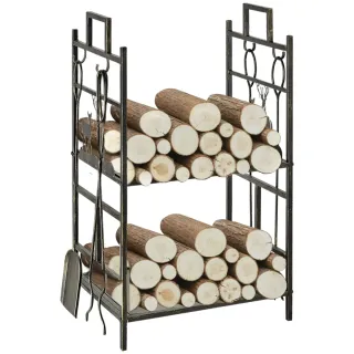 Soporte leña metal con 4 herramientas