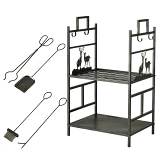 Soporte leña metal con 4 herramientas