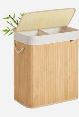 Cesta de ropa de bambú 100L SONGMICS 2 compartimentos Tapa Asas Bolsa extraíble