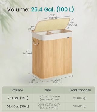 Cesta de ropa de bambú 100L SONGMICS 2 compartimentos Tapa Asas Bolsa extraíble